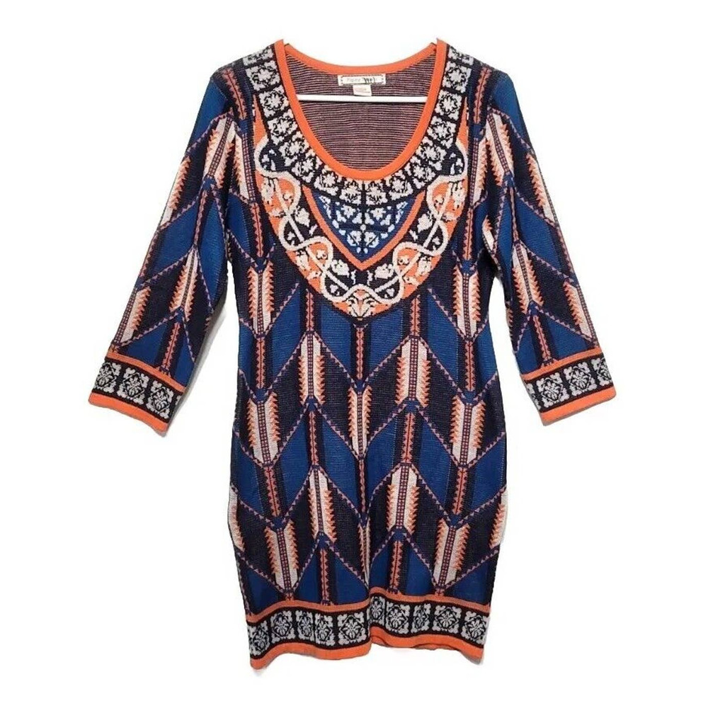 Flying Tomato Aztec Print Sweater Dress Size L Bodycon 3/4 Sleeve Blue Orange